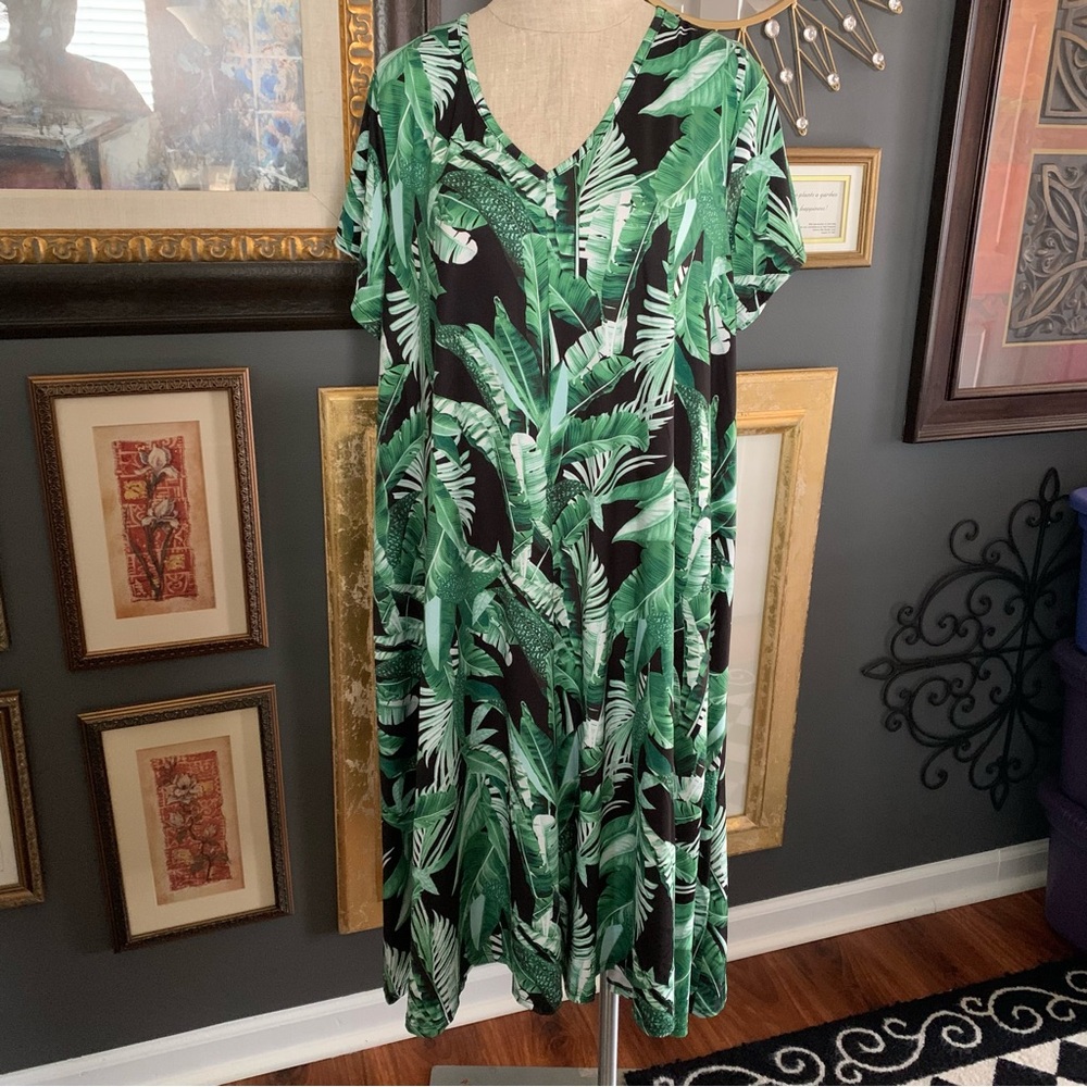 Roaman's Green Leaf Print Midi Dress